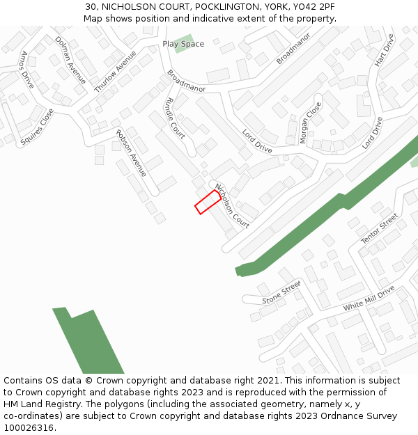 30, NICHOLSON COURT, POCKLINGTON, YORK, YO42 2PF: Location map and indicative extent of plot