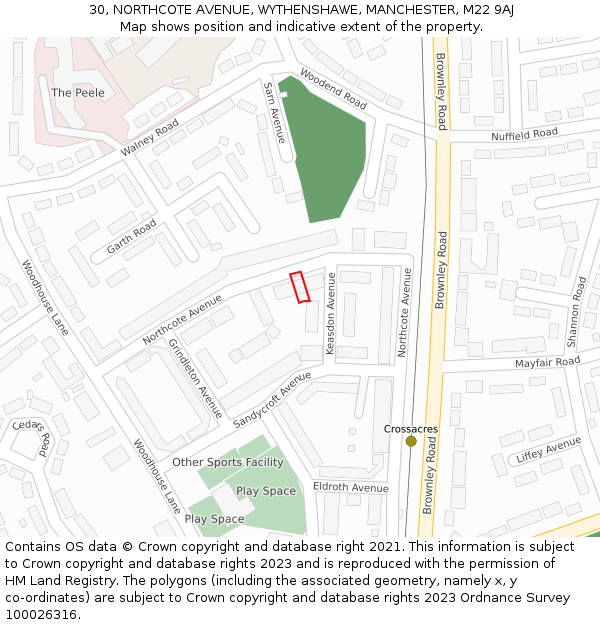 30, NORTHCOTE AVENUE, WYTHENSHAWE, MANCHESTER, M22 9AJ: Location map and indicative extent of plot