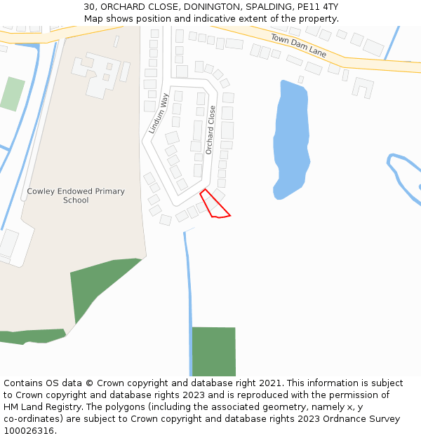 30, ORCHARD CLOSE, DONINGTON, SPALDING, PE11 4TY: Location map and indicative extent of plot