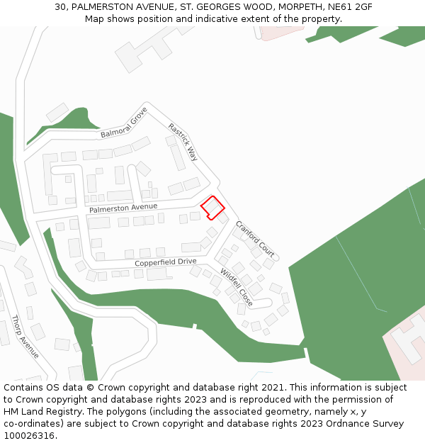 30, PALMERSTON AVENUE, ST. GEORGES WOOD, MORPETH, NE61 2GF: Location map and indicative extent of plot