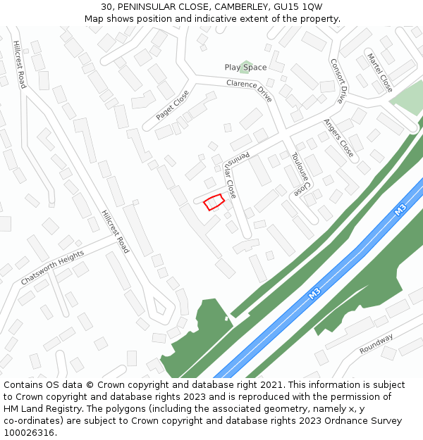 30, PENINSULAR CLOSE, CAMBERLEY, GU15 1QW: Location map and indicative extent of plot