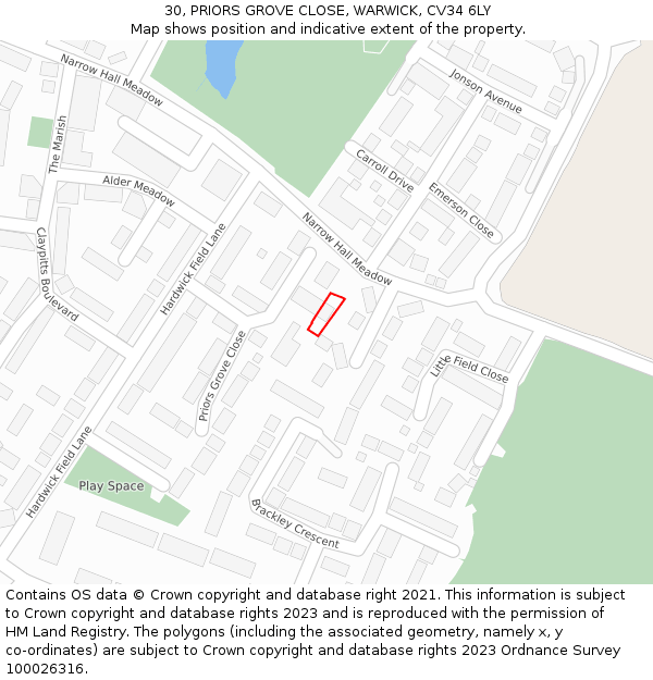 30, PRIORS GROVE CLOSE, WARWICK, CV34 6LY: Location map and indicative extent of plot