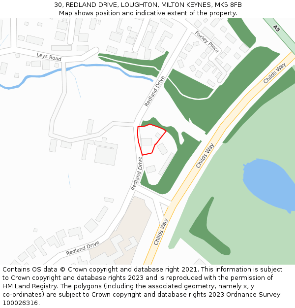 30, REDLAND DRIVE, LOUGHTON, MILTON KEYNES, MK5 8FB: Location map and indicative extent of plot