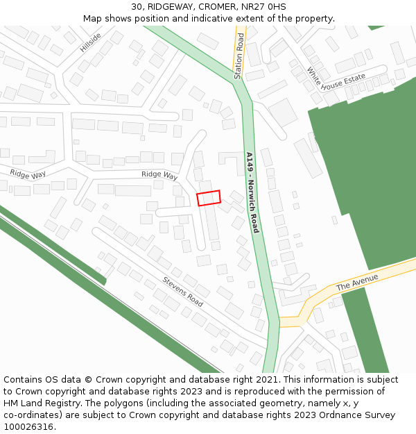 30, RIDGEWAY, CROMER, NR27 0HS: Location map and indicative extent of plot