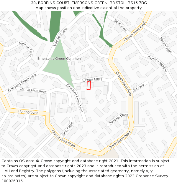 30, ROBBINS COURT, EMERSONS GREEN, BRISTOL, BS16 7BG: Location map and indicative extent of plot