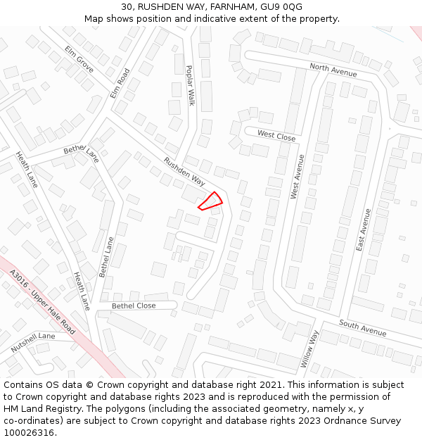 30, RUSHDEN WAY, FARNHAM, GU9 0QG: Location map and indicative extent of plot