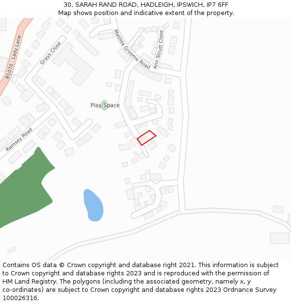 30, SARAH RAND ROAD, HADLEIGH, IPSWICH, IP7 6FF: Location map and indicative extent of plot