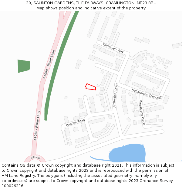 30, SAUNTON GARDENS, THE FAIRWAYS, CRAMLINGTON, NE23 8BU: Location map and indicative extent of plot