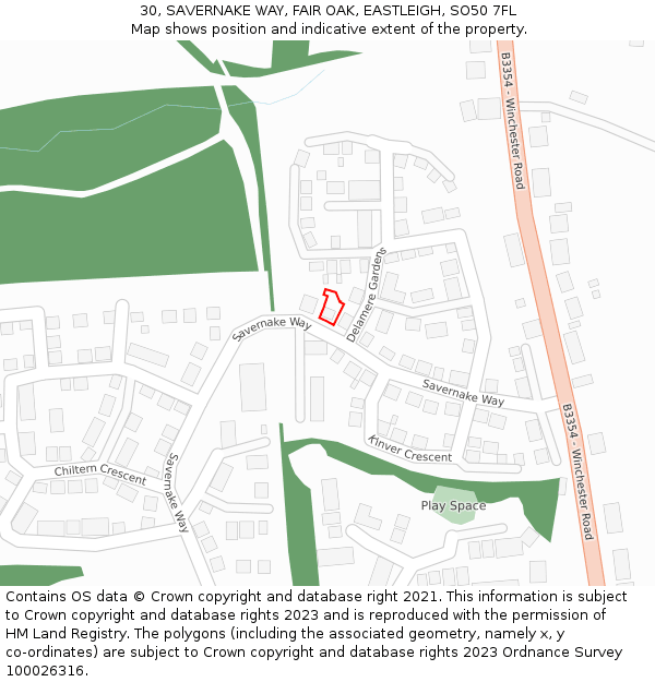 30, SAVERNAKE WAY, FAIR OAK, EASTLEIGH, SO50 7FL: Location map and indicative extent of plot