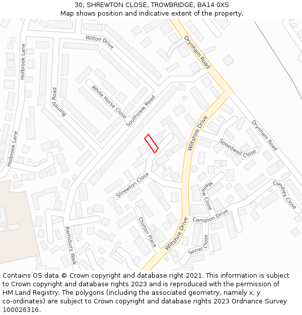 30, SHREWTON CLOSE, TROWBRIDGE, BA14 0XS: Location map and indicative extent of plot