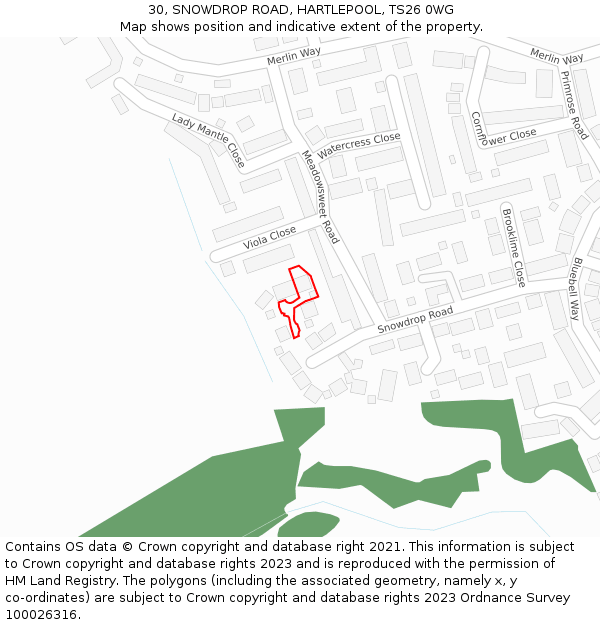 30, SNOWDROP ROAD, HARTLEPOOL, TS26 0WG: Location map and indicative extent of plot