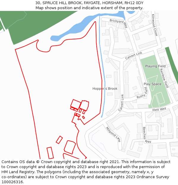 30, SPRUCE HILL BROOK, FAYGATE, HORSHAM, RH12 0DY: Location map and indicative extent of plot