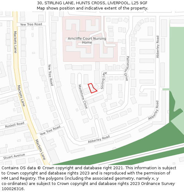 30, STIRLING LANE, HUNTS CROSS, LIVERPOOL, L25 9GF: Location map and indicative extent of plot