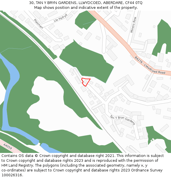 30, TAN Y BRYN GARDENS, LLWYDCOED, ABERDARE, CF44 0TQ: Location map and indicative extent of plot