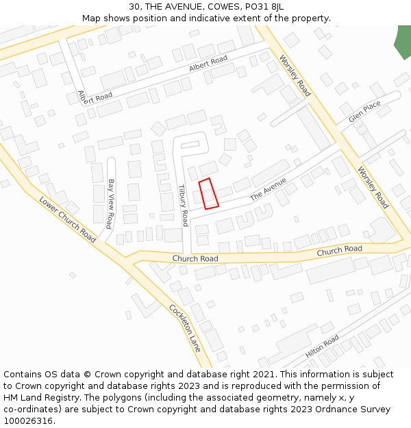 30, THE AVENUE, COWES, PO31 8JL: Location map and indicative extent of plot