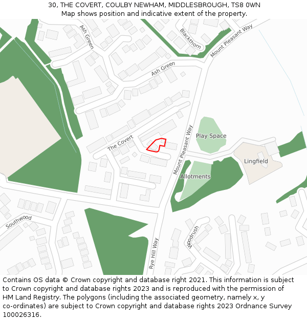 30, THE COVERT, COULBY NEWHAM, MIDDLESBROUGH, TS8 0WN: Location map and indicative extent of plot