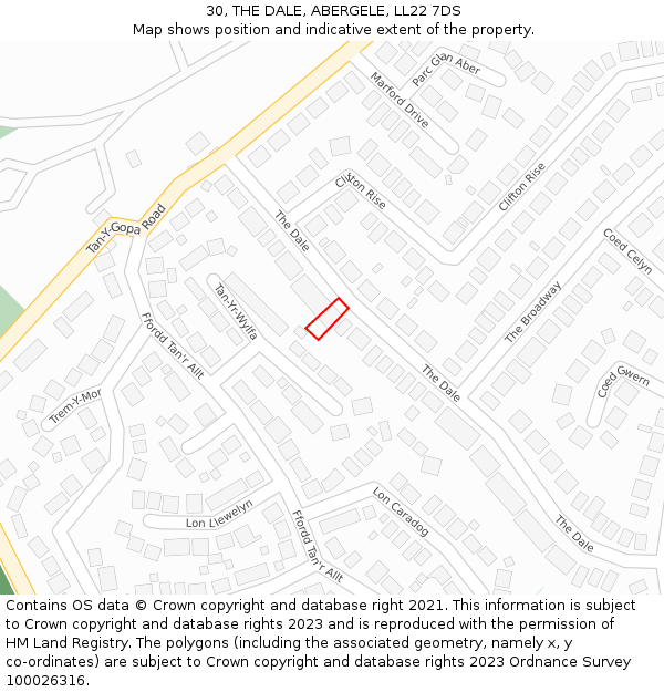 30, THE DALE, ABERGELE, LL22 7DS: Location map and indicative extent of plot