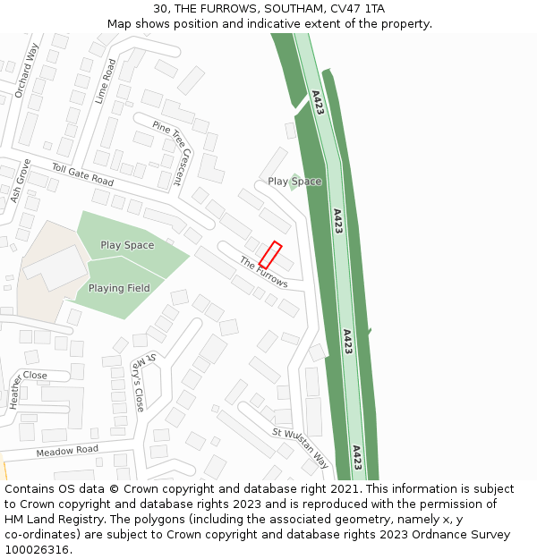 30, THE FURROWS, SOUTHAM, CV47 1TA: Location map and indicative extent of plot