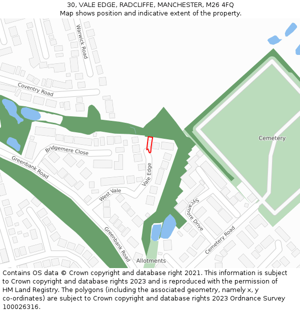 30, VALE EDGE, RADCLIFFE, MANCHESTER, M26 4FQ: Location map and indicative extent of plot