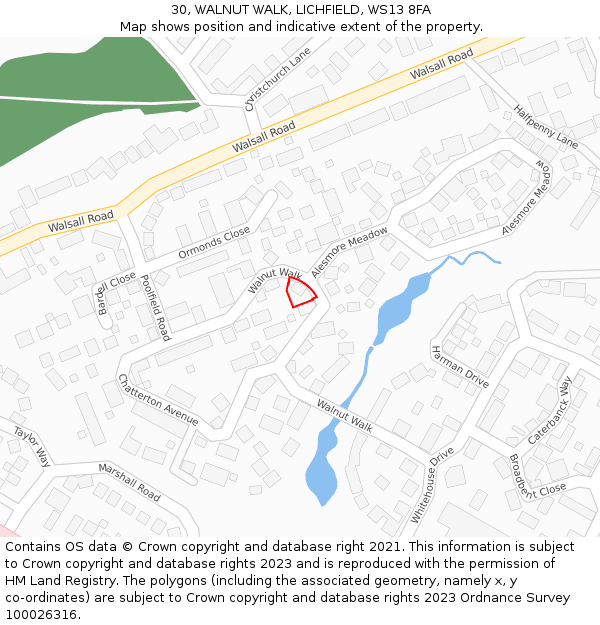 30, WALNUT WALK, LICHFIELD, WS13 8FA: Location map and indicative extent of plot