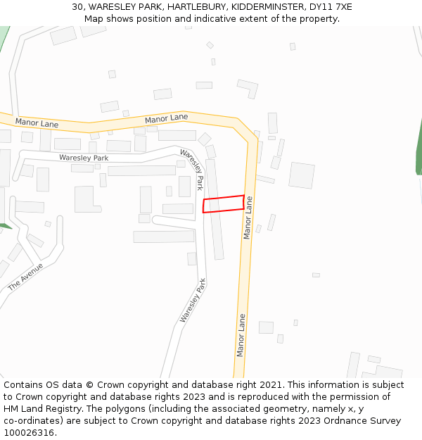 30, WARESLEY PARK, HARTLEBURY, KIDDERMINSTER, DY11 7XE: Location map and indicative extent of plot