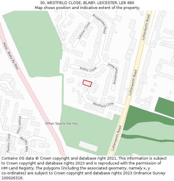 30, WESTFIELD CLOSE, BLABY, LEICESTER, LE8 4BX: Location map and indicative extent of plot