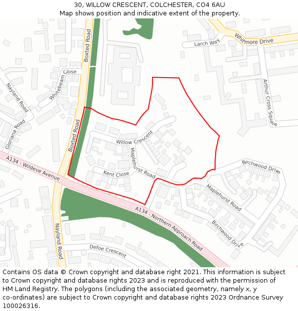 30, WILLOW CRESCENT, COLCHESTER, CO4 6AU: Location map and indicative extent of plot