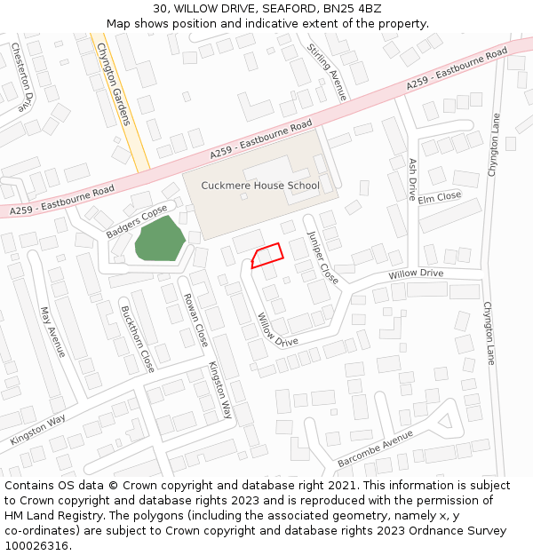 30, WILLOW DRIVE, SEAFORD, BN25 4BZ: Location map and indicative extent of plot