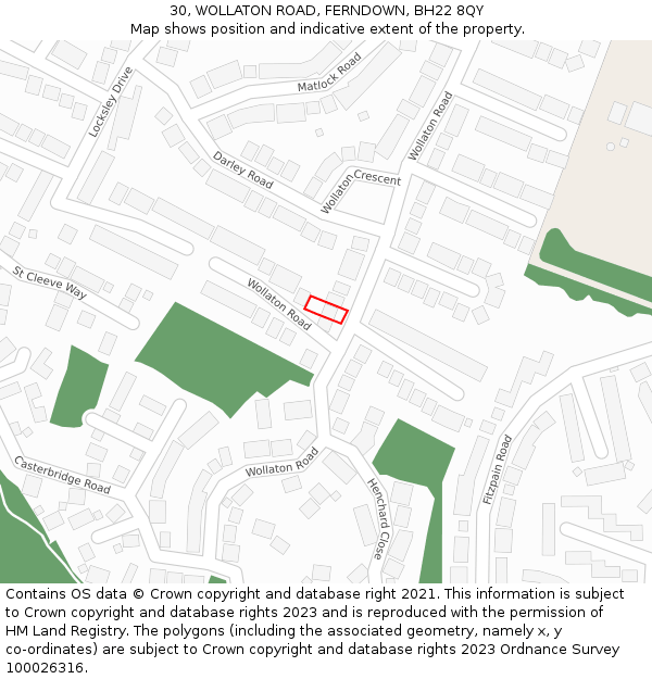 30, WOLLATON ROAD, FERNDOWN, BH22 8QY: Location map and indicative extent of plot