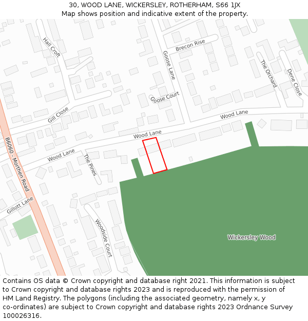 30, WOOD LANE, WICKERSLEY, ROTHERHAM, S66 1JX: Location map and indicative extent of plot