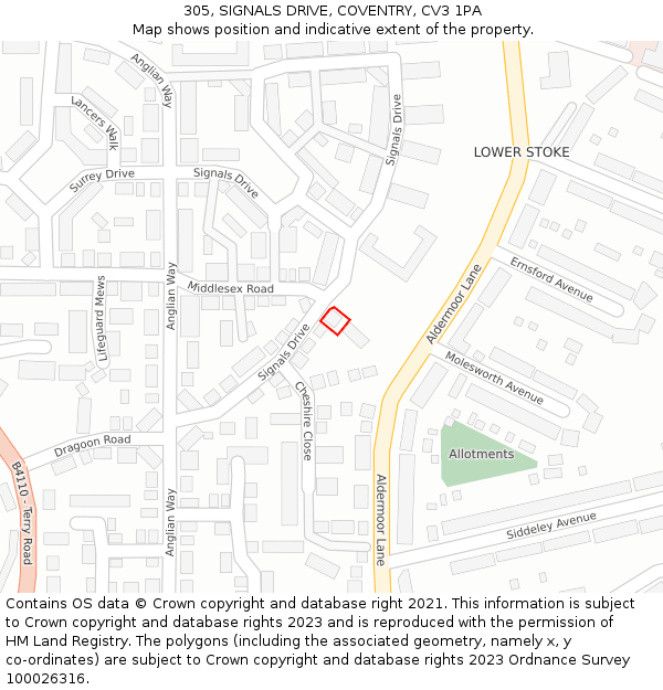 305, SIGNALS DRIVE, COVENTRY, CV3 1PA: Location map and indicative extent of plot