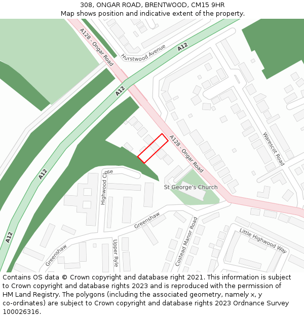 308, ONGAR ROAD, BRENTWOOD, CM15 9HR: Location map and indicative extent of plot