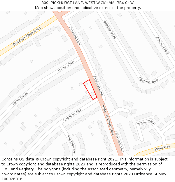 309, PICKHURST LANE, WEST WICKHAM, BR4 0HW: Location map and indicative extent of plot