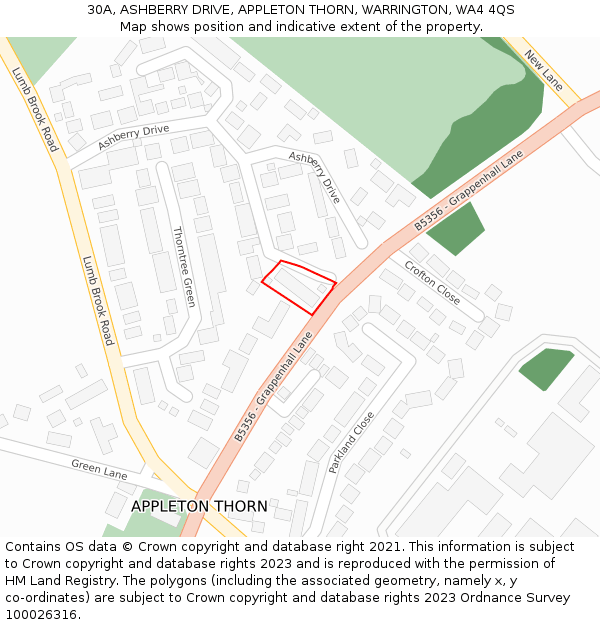 30A, ASHBERRY DRIVE, APPLETON THORN, WARRINGTON, WA4 4QS: Location map and indicative extent of plot