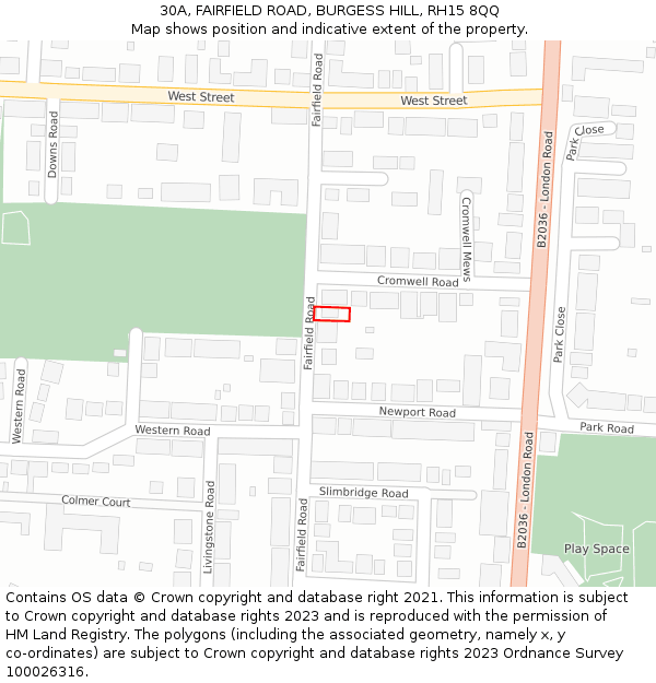 30A, FAIRFIELD ROAD, BURGESS HILL, RH15 8QQ: Location map and indicative extent of plot