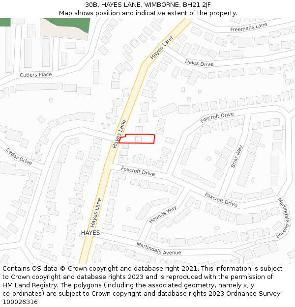 30B, HAYES LANE, WIMBORNE, BH21 2JF: Location map and indicative extent of plot