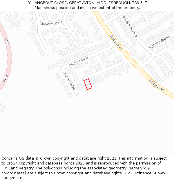 31, ANGROVE CLOSE, GREAT AYTON, MIDDLESBROUGH, TS9 6LE: Location map and indicative extent of plot