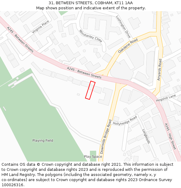 31, BETWEEN STREETS, COBHAM, KT11 1AA: Location map and indicative extent of plot