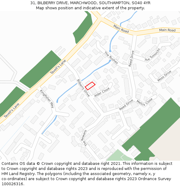 31, BILBERRY DRIVE, MARCHWOOD, SOUTHAMPTON, SO40 4YR: Location map and indicative extent of plot