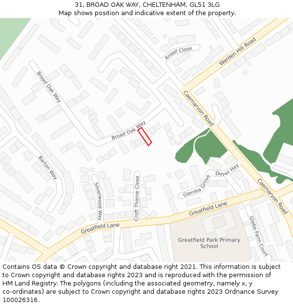 31, BROAD OAK WAY, CHELTENHAM, GL51 3LG: Location map and indicative extent of plot