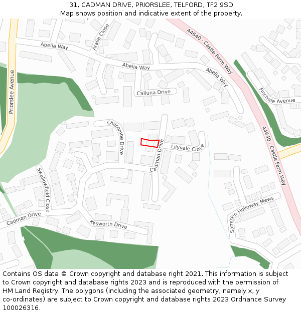 31, CADMAN DRIVE, PRIORSLEE, TELFORD, TF2 9SD: Location map and indicative extent of plot