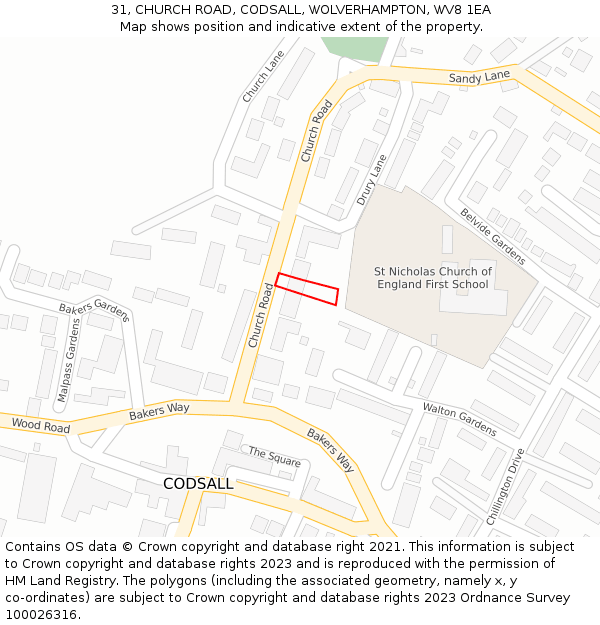 31, CHURCH ROAD, CODSALL, WOLVERHAMPTON, WV8 1EA: Location map and indicative extent of plot