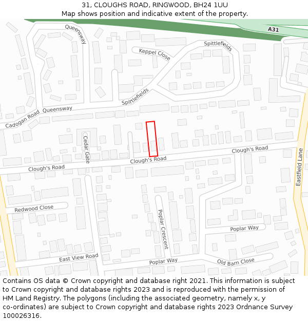 31, CLOUGHS ROAD, RINGWOOD, BH24 1UU: Location map and indicative extent of plot