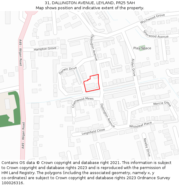 31, DALLINGTON AVENUE, LEYLAND, PR25 5AH: Location map and indicative extent of plot