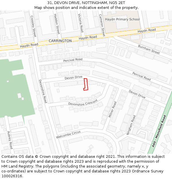 31, DEVON DRIVE, NOTTINGHAM, NG5 2ET: Location map and indicative extent of plot