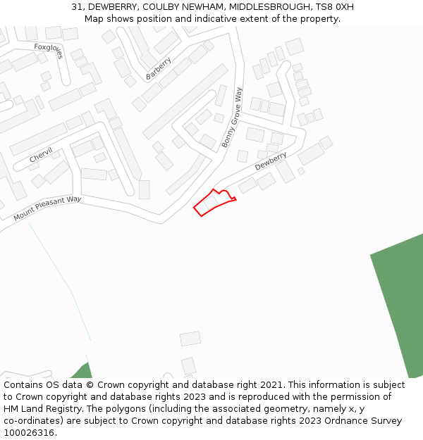 31, DEWBERRY, COULBY NEWHAM, MIDDLESBROUGH, TS8 0XH: Location map and indicative extent of plot