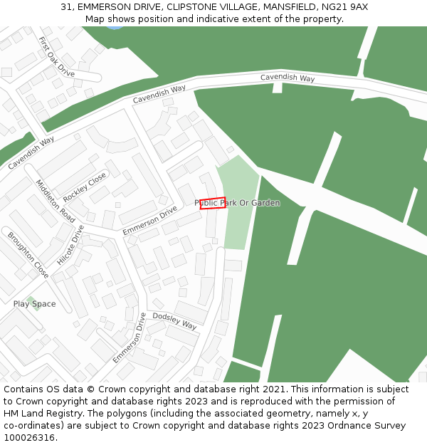 31, EMMERSON DRIVE, CLIPSTONE VILLAGE, MANSFIELD, NG21 9AX: Location map and indicative extent of plot