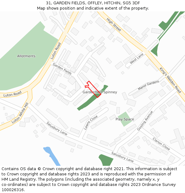 31, GARDEN FIELDS, OFFLEY, HITCHIN, SG5 3DF: Location map and indicative extent of plot