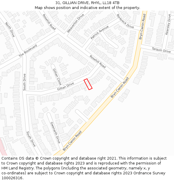 31, GILLIAN DRIVE, RHYL, LL18 4TB: Location map and indicative extent of plot