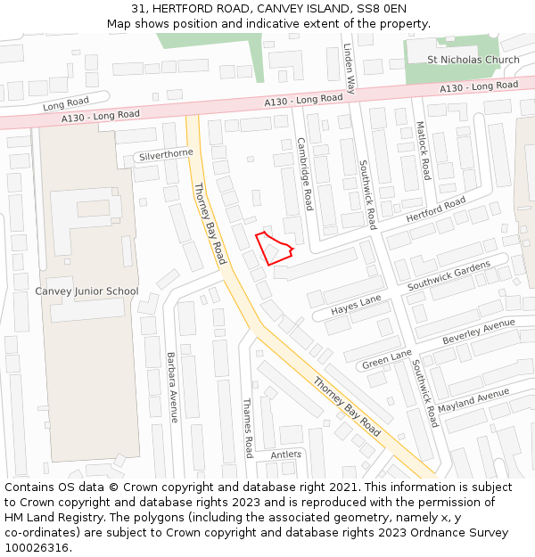 31, HERTFORD ROAD, CANVEY ISLAND, SS8 0EN: Location map and indicative extent of plot